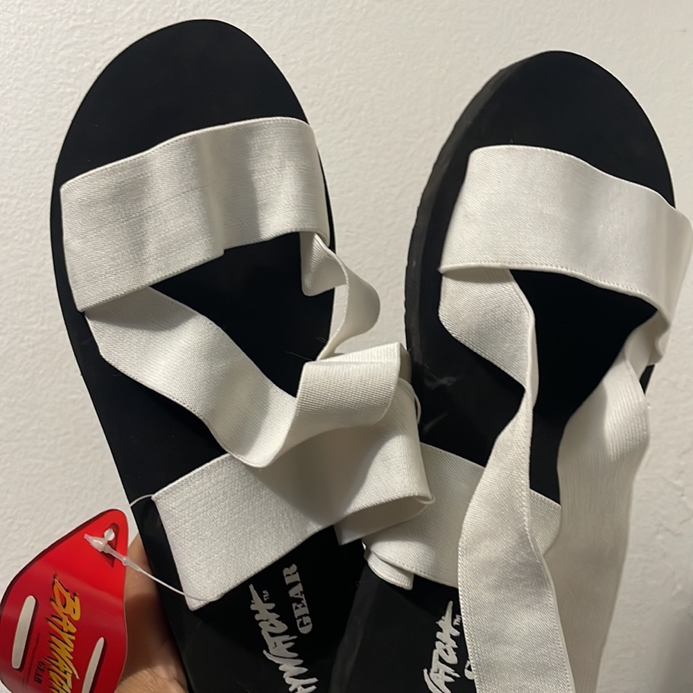 Vintage 90's Baywatch Gear Black Sandals with White Elastic Straps Women Size 10 - Picture 7 of 9